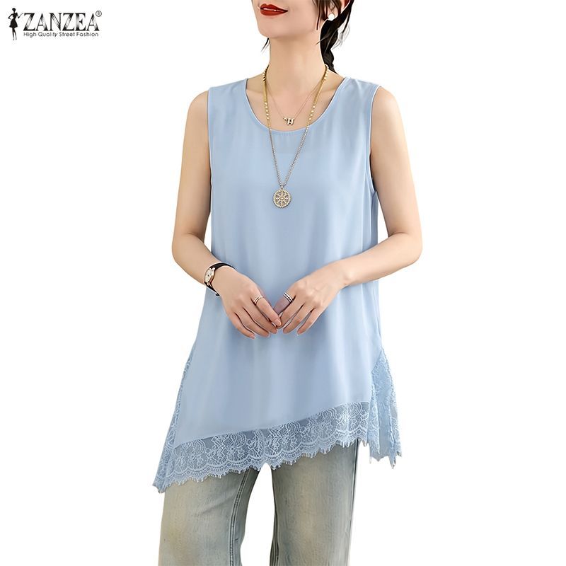 ZANZEA ผู้หญิงเกาหลี Elegant Chic ลูกเรือคอแขนกุดไม่สม่ําเสมอ Hem Lace Splicing หลวมถัง