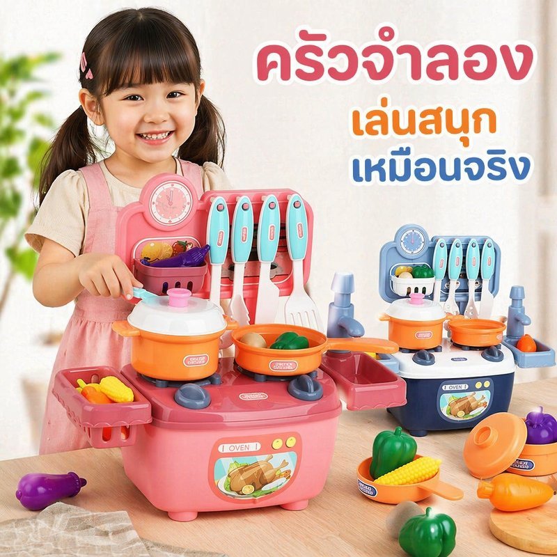 ชุดของเล่นครัวเด็ก อ่างล้างผักน้ำไหลจริง ก๊อกกดมือ ชุดทำอาหารจำลอง ของเล่นบทบาทสมมติ
