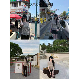 MOSESQUEEN ตะไคร่น้ํา เสื้อยืดแขนสั้นลายทางหลากสีไหล่เฉียงฤดูร้อนผ่อนคลายจีบเข้ารูปเอวกระชับสัดส่วนและเปิดไหล่ด้านบนสําหรับผู้หญิง #63896