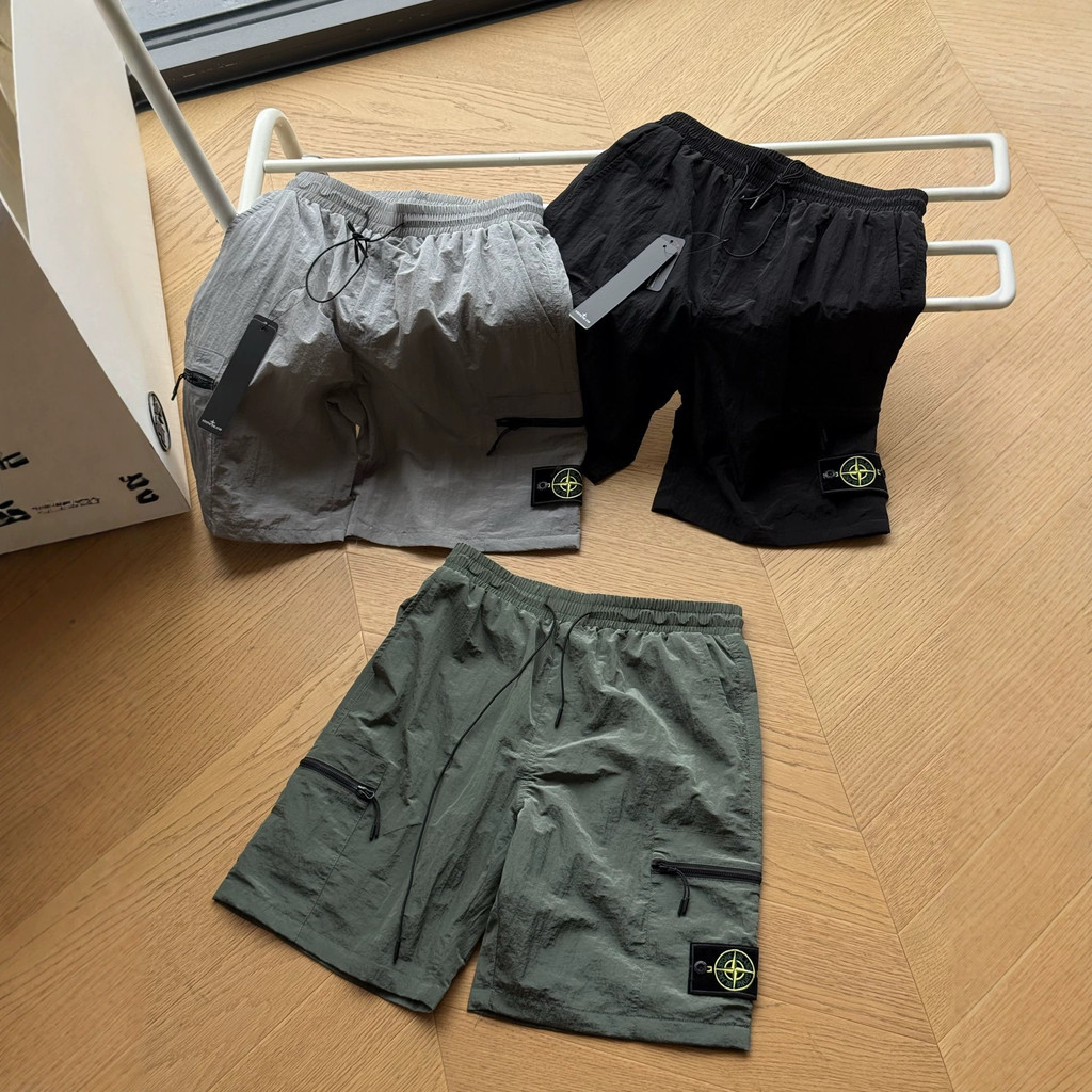 BQXO Stone Island โลหะไนลอนโดยรวมกางเกงขาสั้น Quick-Drying กระเป๋าซิป 5 จุดกางเกงผู้ชายผู้หญิง