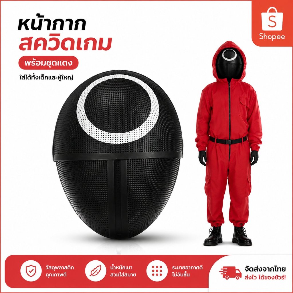 ชุดคอสเพลย์ Squid Game ผู้คุมสีแดง พร้อมหน้ากากลายวงกลม/สามเหลี่ยม/สี่เหลี่ยม สำหรับผู้ใหญ่ ใส่สบาย 