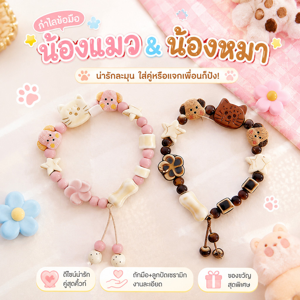 สร้อยคู่คู่รัก ตุ๊กตาเซรามิกหมาแมว ของขวัญวันวาเลนไทน์ งานถักมือ กันลอก