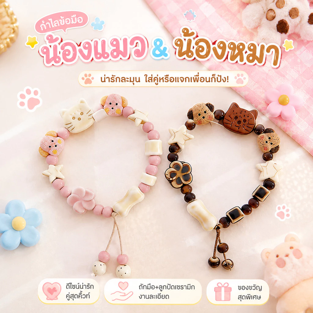 สร้อยคู่คู่รัก ตุ๊กตาเซรามิกหมาแมว ของขวัญวันวาเลนไทน์ งานถักมือ กันลอก