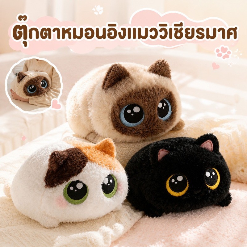 COD ตุ๊กตาแมวขนนุ่ม ท่าหมอบหลับ น่ารัก สายพันธุ์แมวสยาม-สามสี ตัวนิ่มฟู น่ากอด ปลอบใจ ให้น้องสาวหรือแฟน ไซส์ 15ซม.