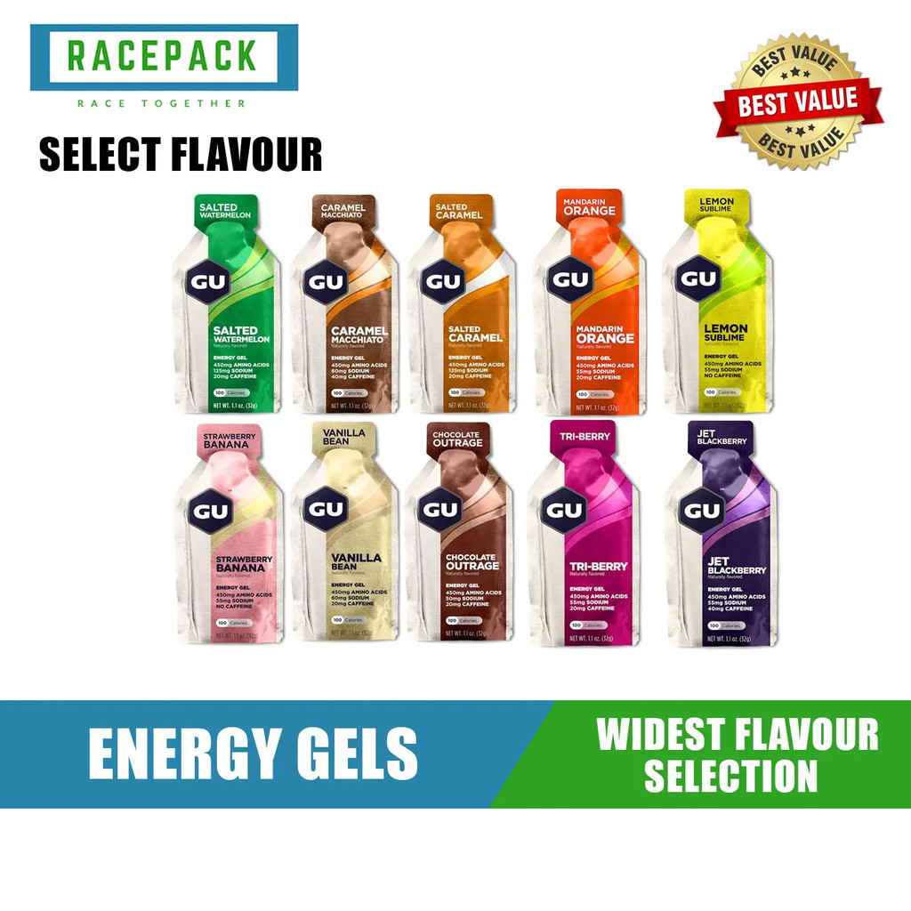 GU Energy Gel 4 8 12 แพ็ค (เลือกฟลาโวร์) เหมาะสําหรับการวิ่งและปั่นจักรยาน เพิ่มความอดทนและประสิทธิภ