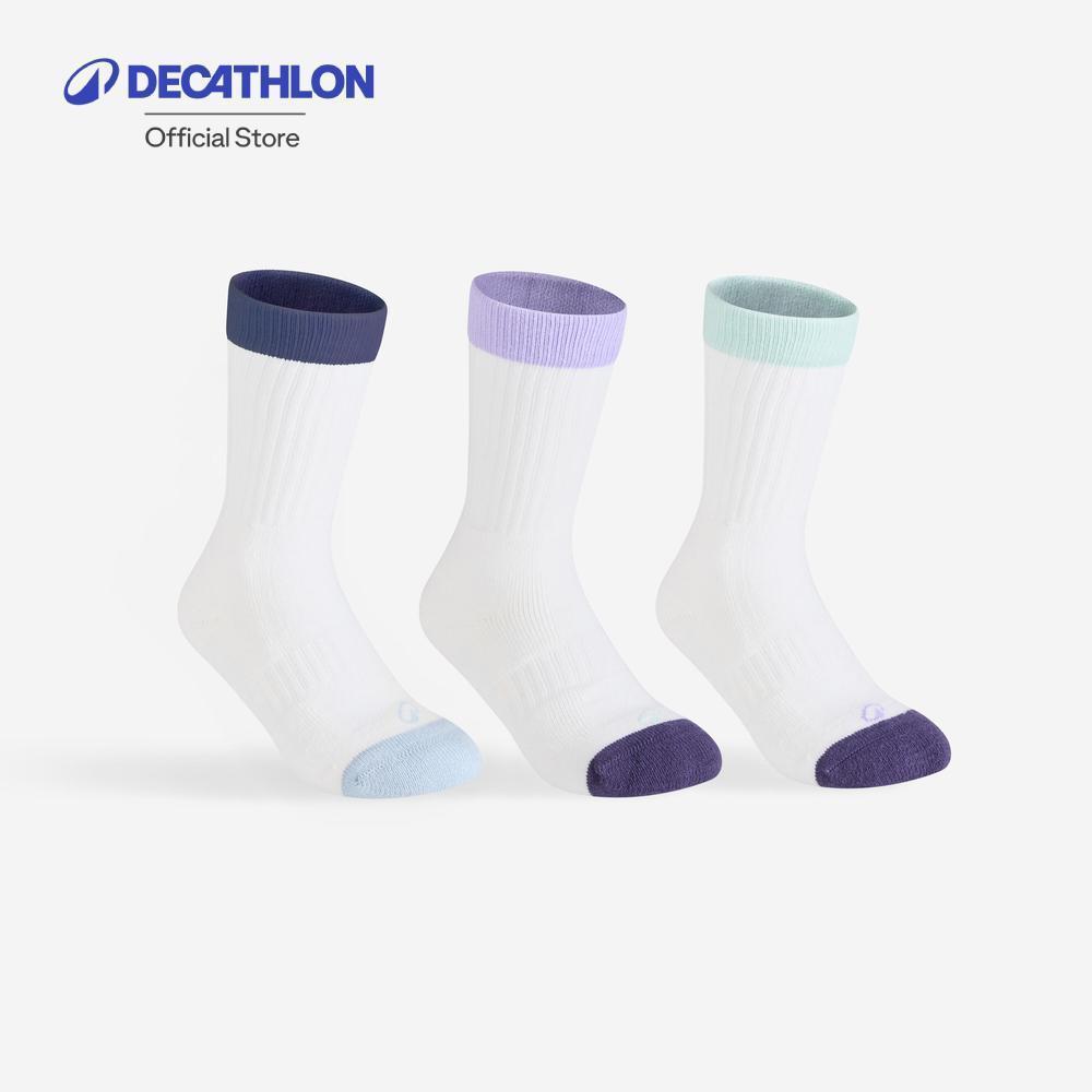 Decathlon Kids' Mid Sports Socks Rs 500 Tri-Pack ถุงเท้ากีฬาเด็กข้อกลาง รุ่น Rs 500 แพ็ค 3 คู่ - Beige/Purple/Green
