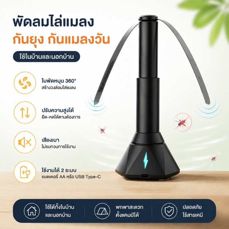 พัดลมไล่ยุงกลางแจ้ง เครื่องไล่แมลงวันไฟฟ้า เครื่องไล่แมลงวันไร้สาย ใช้ได้ทั้งในร่มและกลางแจ้ง พกพาสะดวกยากันยุงเงียบ