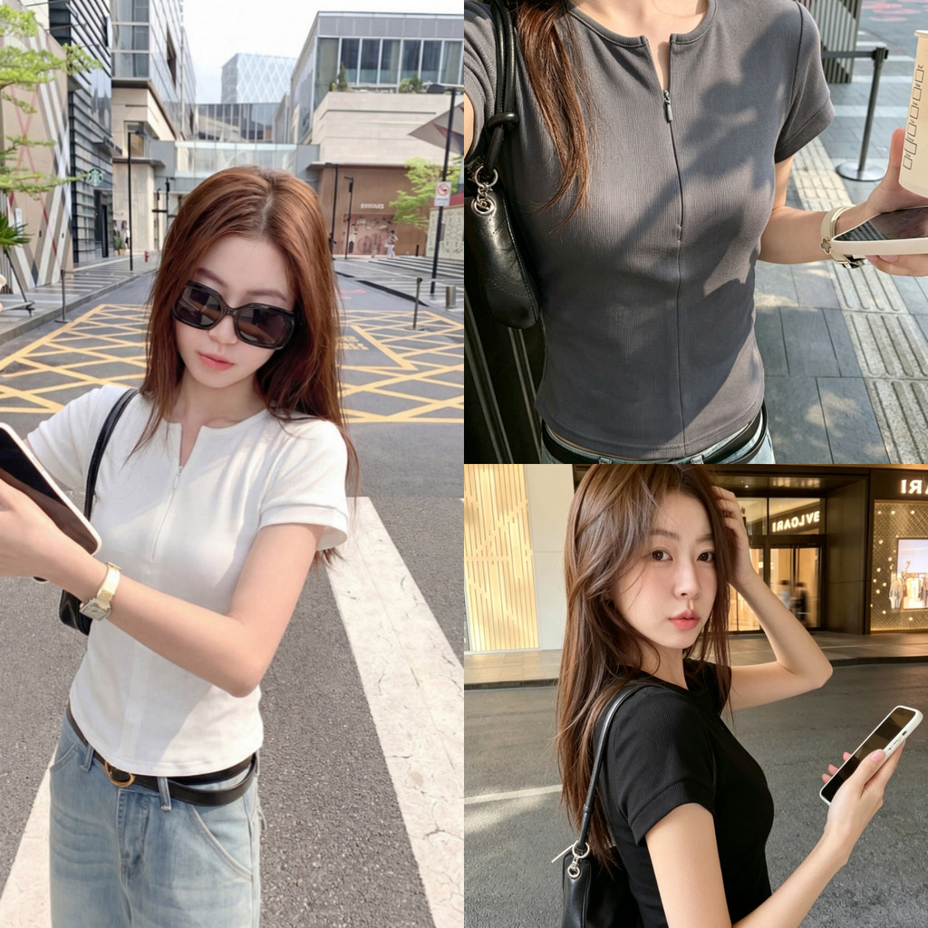 Beryl   เสื้อยืดผู้หญิงแขนสั้นเข้ารูป คอวีมีซิปด้านหน้า สไตล์เรียบง่าย เหมาะกับหน้าร้อน