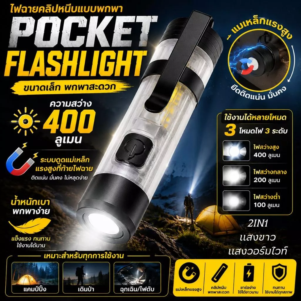 ไฟฉาย LED ขนาดจิ๋ว พกพาได้ ไฟฉายพวงกุญแจ มีตะขอแม่เหล็ก+คลิปหนีบหมวก ชาร์จ Type-C ความสว่างสูง ใช้กลางแจ้ง ไฟฉุกเฉิน