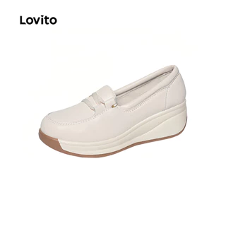 Lovito รองเท้าทรงเรือลำลองสไตล์เกาหลี ส้นสูงแบบแพลตฟอร์ม พื้นนุ่ม สีขาวนวล สำหรับผู้หญิง LFAS8008