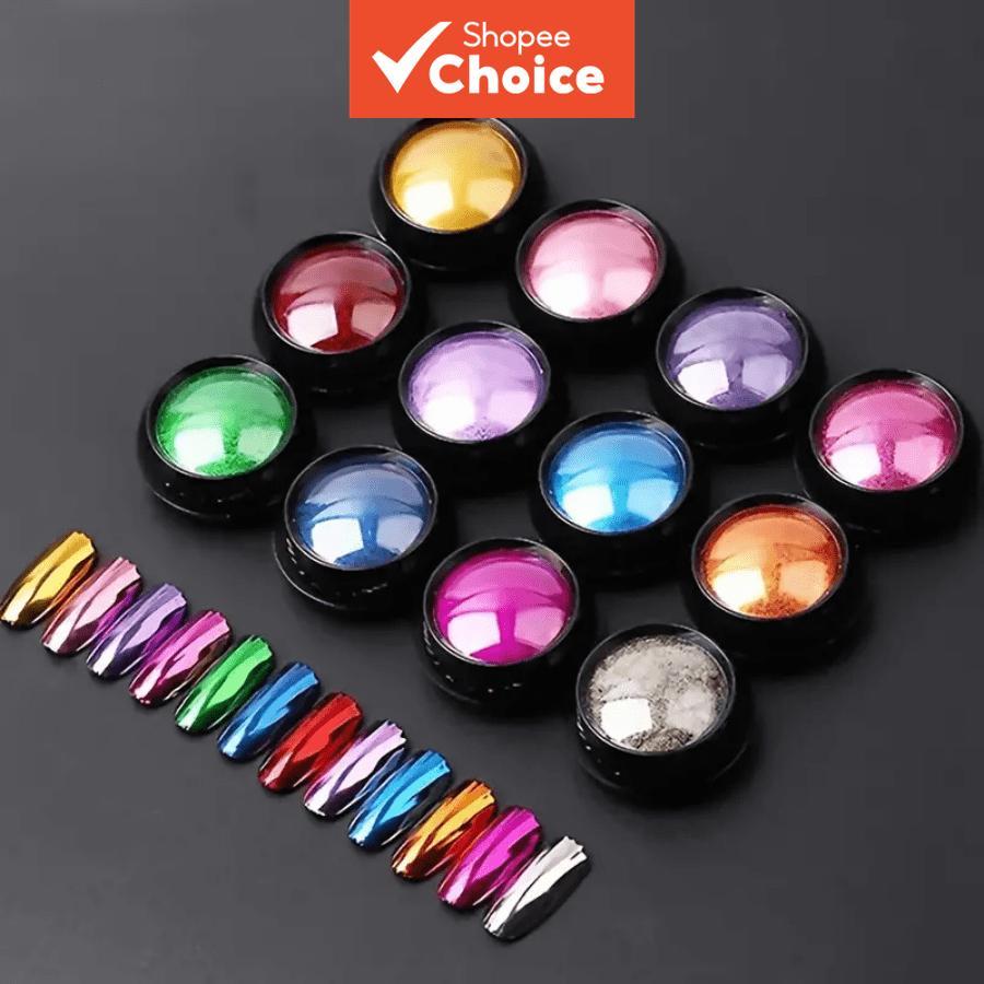 ผงกระจก 12 สี, ผงทองเล็บ, เจลทาเล็บ, สีโครมแผ่น, ฝุ่น, อัญมณีตกแต่งเล็บ, ของประดับ