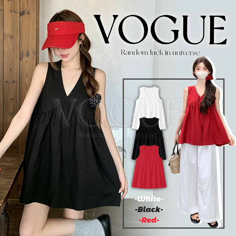 Vogue🌟พร้อมส่ง🌟 เสื้อแขนกุดคอวีทรงหลวม ดีไซน์ปกปิดหน้าท้อง สไตล์ทันสมัยและมีเสน่ห์ (FY6221)