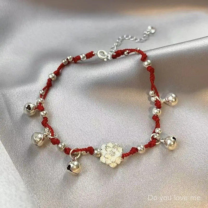 Gelang Tangan Teratai Loceng Tali Merah, Buatan Tangan oleh Gadis Miao, Untuk Wanita, Tenunan Gaya I