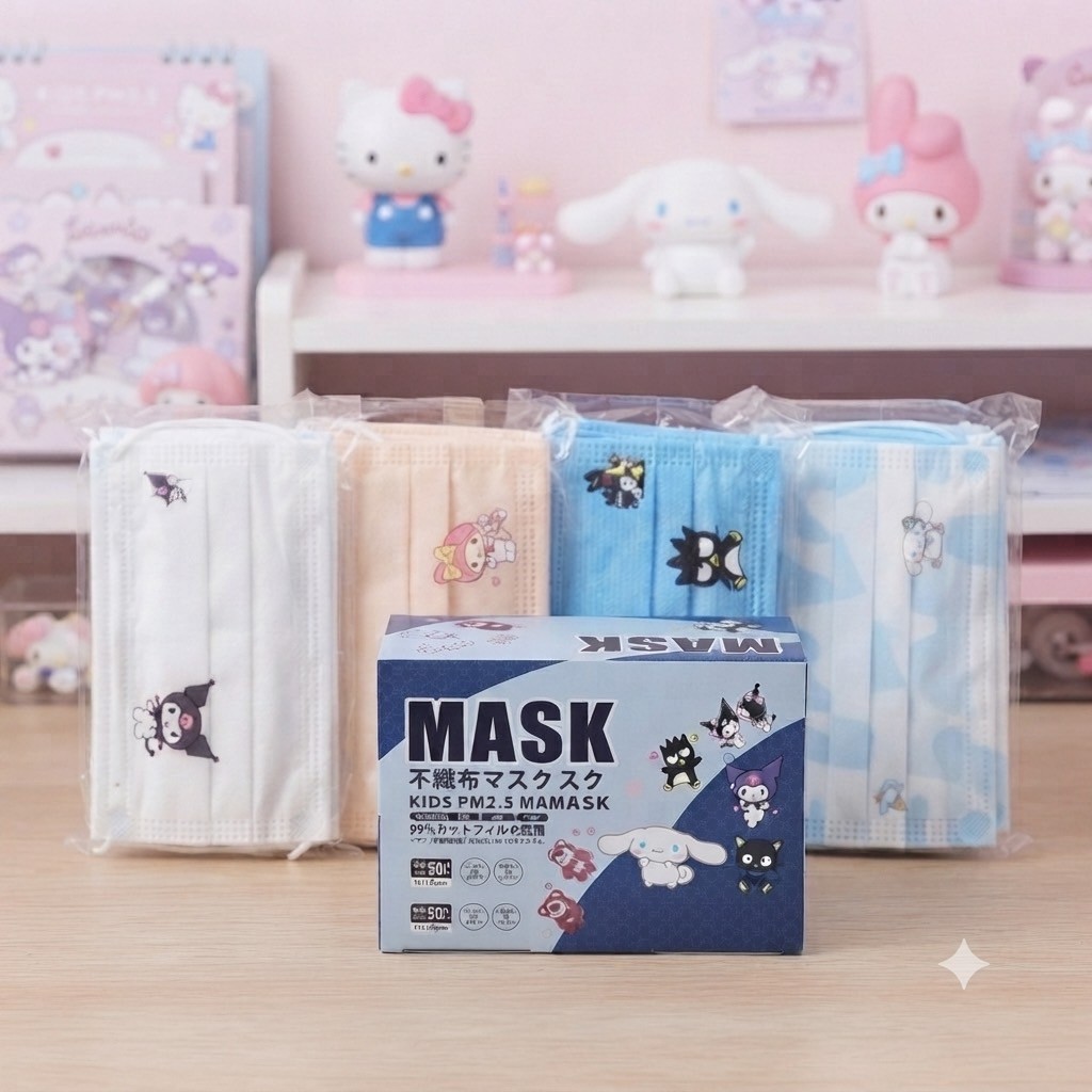 (1แมสเด็ก กล่อง50ชิ้น) แมสเด็ก3-12ปี แมสทรงสี่เหลี่ยม กันPM2.5 สายแบน ไม่เจ็บหู ผ้าญี่ปุน พร้อมส่งในไทย