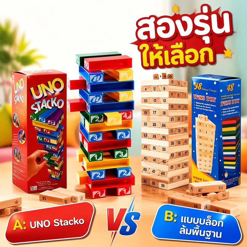 เกมกระดาน UNO Stacko เกมตึกถล่ม บล็อกไม้ ต่อหอคอย ล้มตึก ไพ่ยูโน่ พร้อมลูกเต๋า เล่นครอบครัว