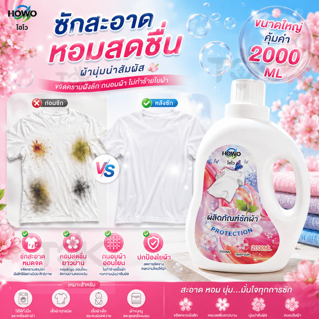 HOWO น้ำยาซักผ้า 2 ลิตร หอมสดชื่น ขจัดคราบสกปรก ลดกลิ่นอับชื้น ใช้ได้ทั้งซักมือและซักเครื่อง