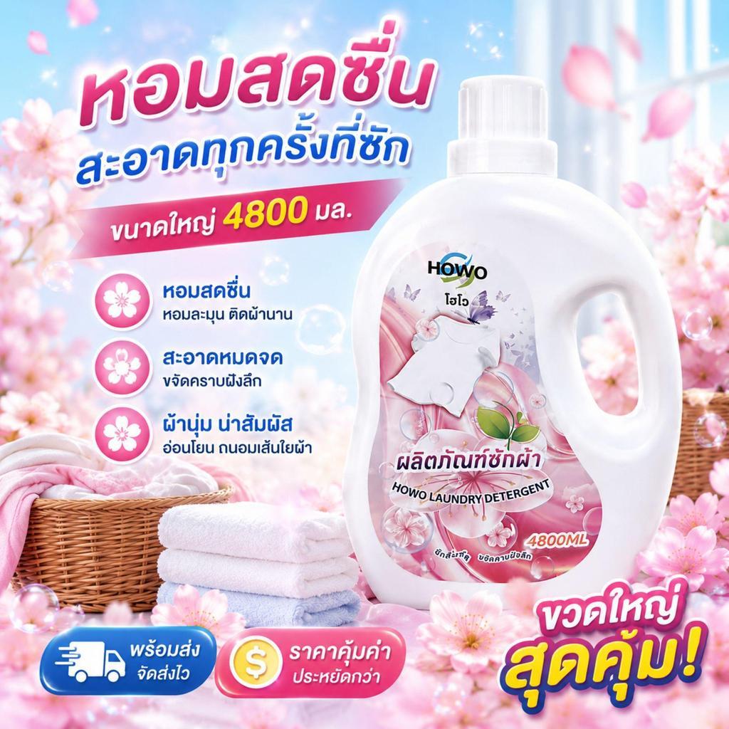 HOWO น้ำยาซักผ้า 4800ML ขจัดคราบฝังลึก ลดกลิ่นอับ กลิ่นหอมติดผ้านาน สูตรประหยัด