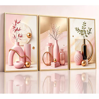ภาพตกแต่งผนังห้องนั่งเล่น3ชิ้นหรูครีม3Dทองแอ็บสแตรกต์ลูกกลมเมฆแจกันต้นกกโมเดิร์นหยดน้ำคริสตัลหลังโซฟาห้องนอนภาพศิลปะ