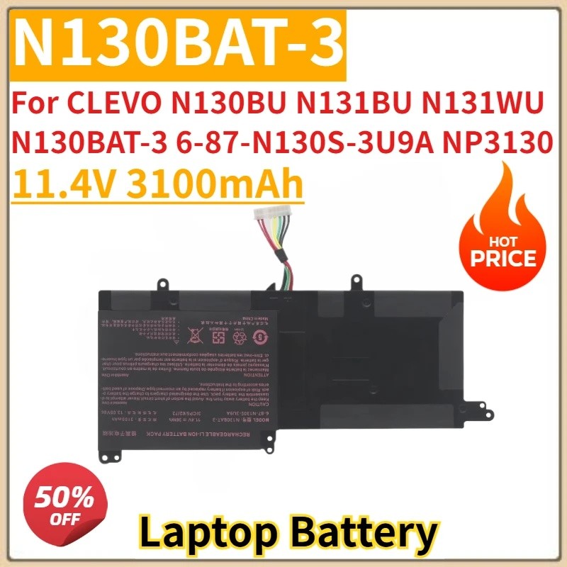 ใหม่เปลี่ยนแบตเตอรี่แล็ปท็อป 11.4V 3100mAh N130BAT-3 สําหรับ CLEVO N130BU N131BU N131WU N130BAT-3 6-