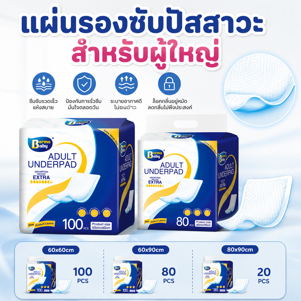 Berma Baby 【ของขวัญ!】พร้อมส่ง 100/80ชิ้น bed sheet แผ่นรองซับผู้ใหญ่ ซึมเร็วสุด แผ่นเสริมซึมซับ ใช้แล้วทิ้ง