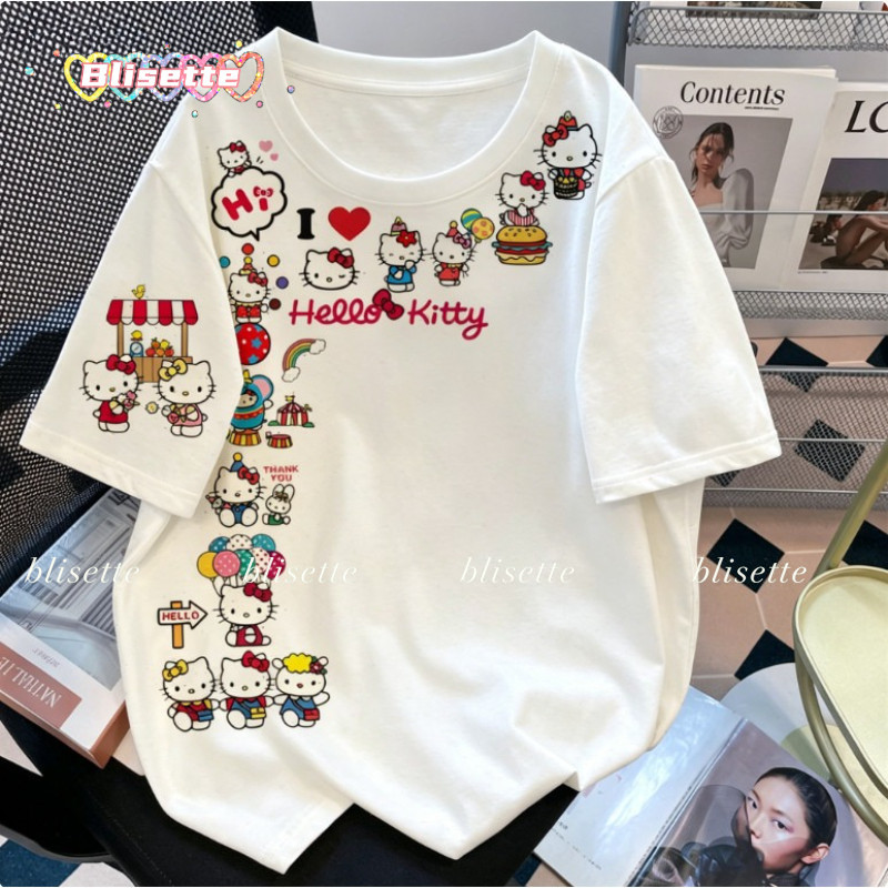 【จัดส่งจากกรุงเทพฯ】HelloKittyแขนสั้นเสื้อยืด เสื้อยืดคอกลม น่ารักแฟชั่น เสื้อยืด oversize ระบายอากาศใส่สบาย