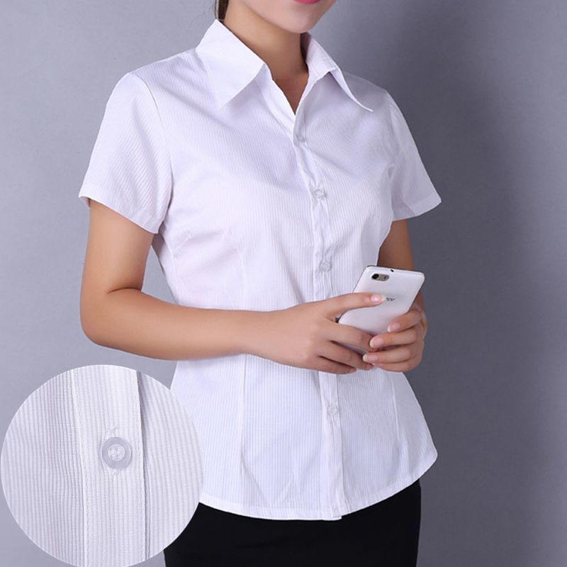 Pure White Dark Striped เสื้อผู้หญิงสั้นฤดูใบไม้ผลิฤดูร้อน Workwear ทํางาน Professional เสื้อ Plus ข