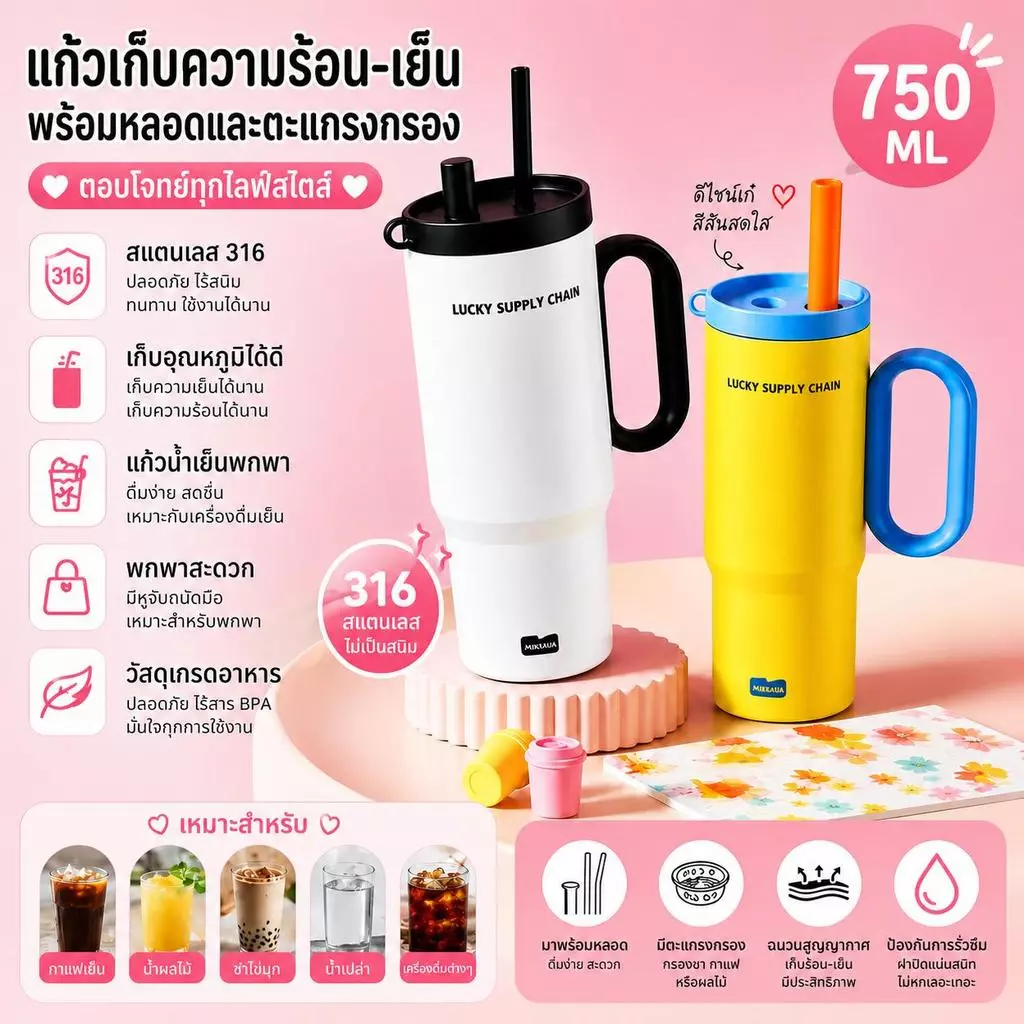 【การจัดส่งในประเทศไทย】แก้วเก็บความเย็น 750ML สแตนเลส316 ถ้วยเย็นแบบพกพา แก้วเก็บความเย็น พกพาง่าย พร้อมหลอดดูดและที่กรอง