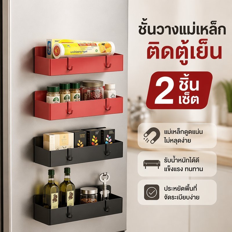 แม่เหล็กตู้เย็นชั้นวางชุด2ชิ้นชั้นเก็บห้องครัวไม่เจาะ หน้าท้อง ทนทานตะขอออแกไนเซอร์