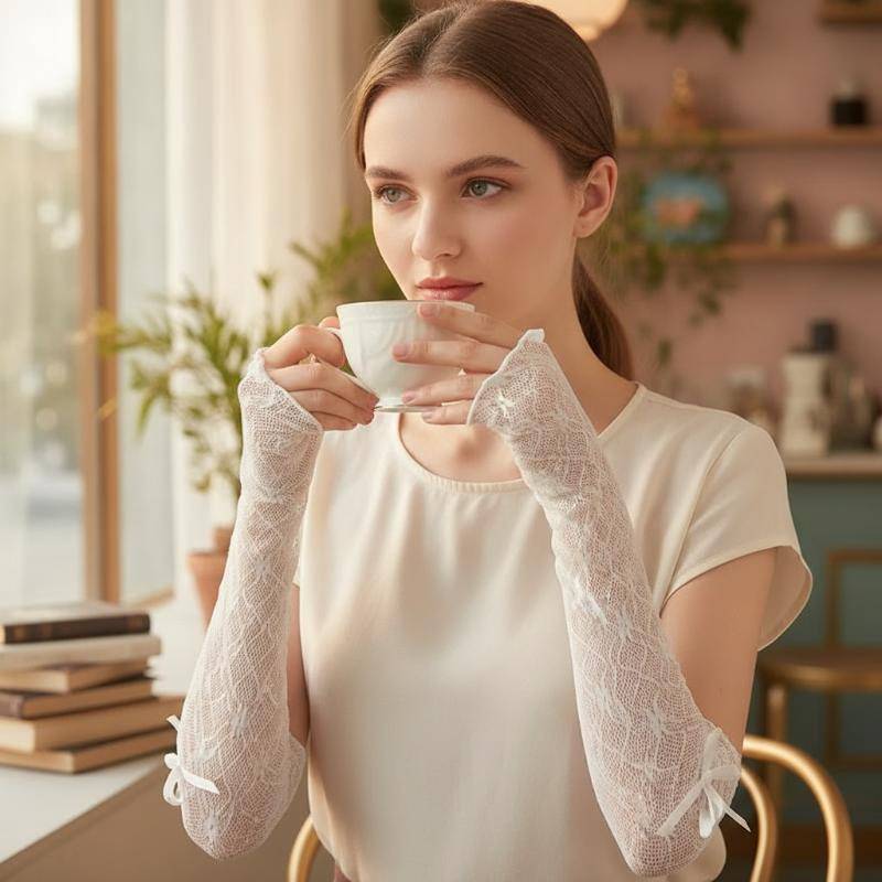 [M&E] Y2K Harajuku Fingerless Lace Gloves Ruffle Mesh Kawaii Lolita Mitten สําหรับผู้หญิงเทศกาลดนตรี