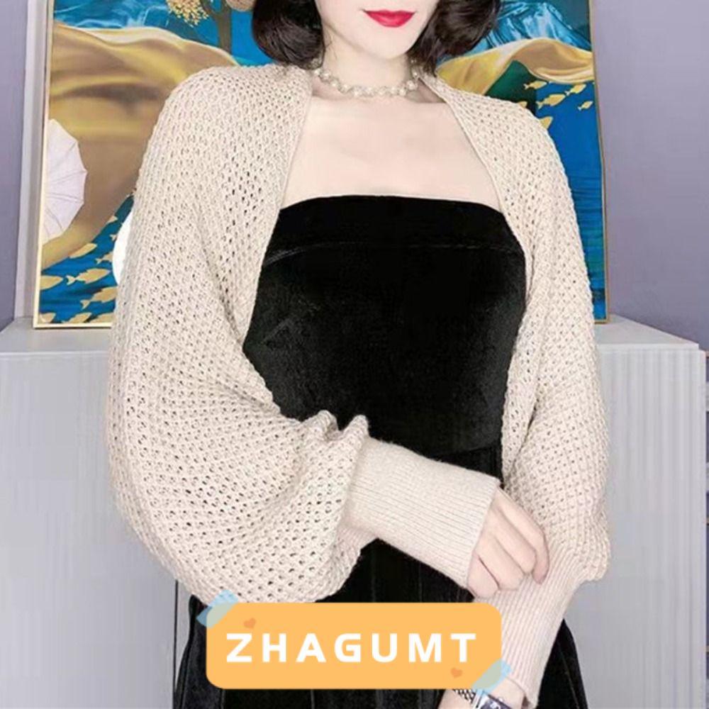 ZHAGUMT366KB Sunscreen Crop คาร์ดิแกนผ้าถัก, ผ้าคลุมไหล่ผ้าไหมน้ําแข็งเรียบง่ายหรูหรากลวงแขนยาว Smock Top