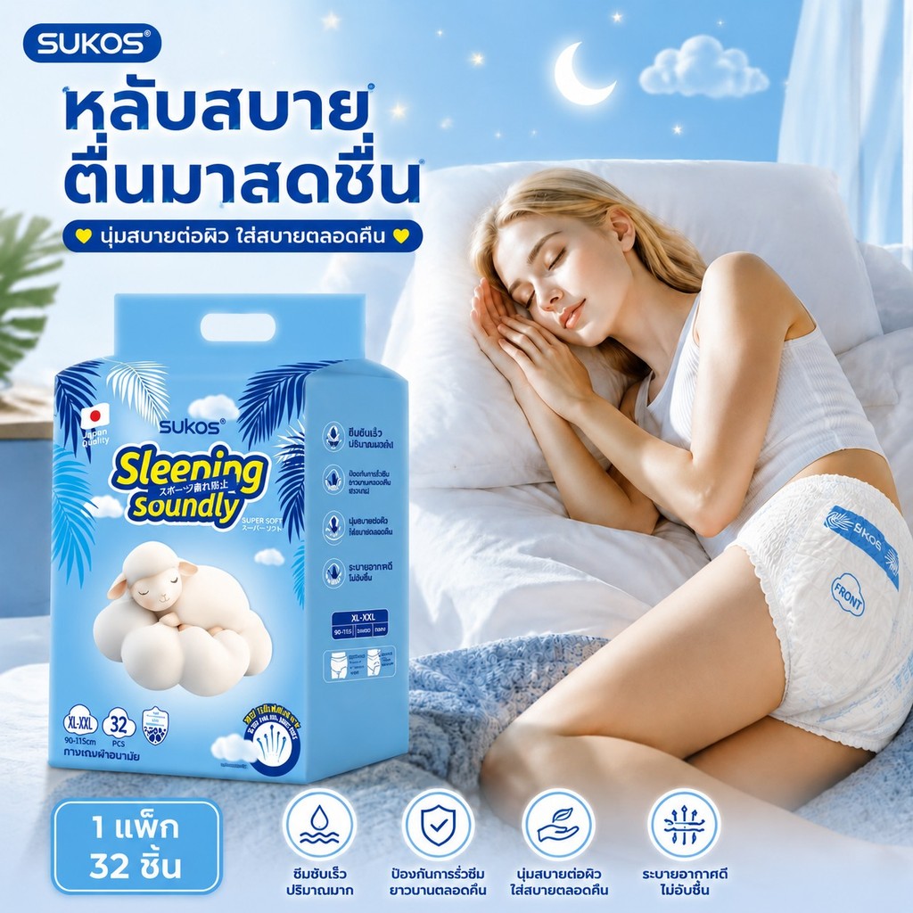 COD SUKOS 32 ชิ้น/แพ็ค ผ้าอนามัยกางเกง อัปเกรดผ้าอนามัยระบายอากาศได้ 360° ระบายอากาศได้ดี