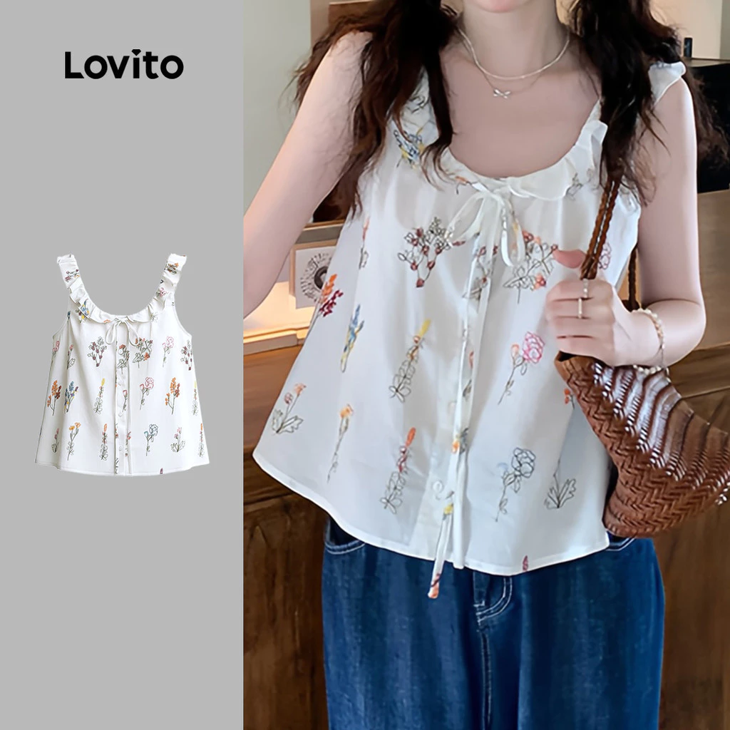 Lovito เสื้อเบลาส์ลําลองผู้หญิงน่ารักเรียบง่ายสําหรับฤดูใบไม้ผลิ/ฤดูร้อน เกาหลี อินเทรนด์ LK5AD700