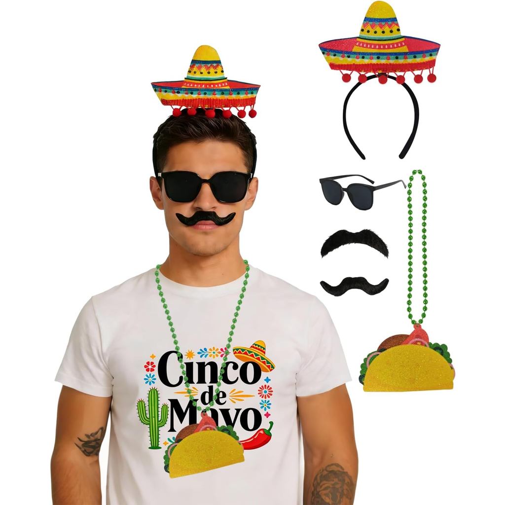 5 ชิ้น Cinco De Mayo อุปกรณ์เสริมชุด Cinco De Mayo ที่คาดผมแว่นตาหนวดสร้อยคอ Cinco De Mayo เครื่องแต