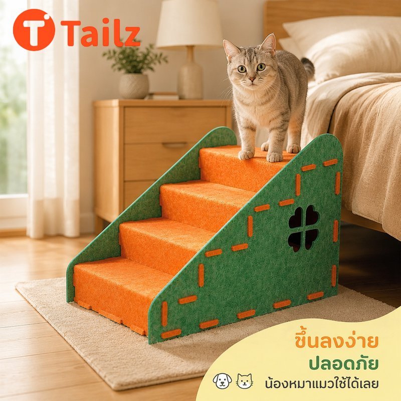 Tailz บันไดสัตว์เลี้ยง ทางลาดขึ้นเตียงโซฟา แมวสุนัข ที่นอนแมว ที่ข่วนเล็บ วัสดุสักหลาด ถอดได้