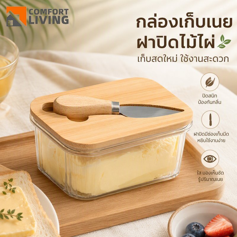 กล่องเก็บเนยPET กล่องใส่เนย ฝาไม้ไผ่ ซีลกันกลิ่น พร้อมมีดทาเนยสแตนเลส มีหลายขนาด