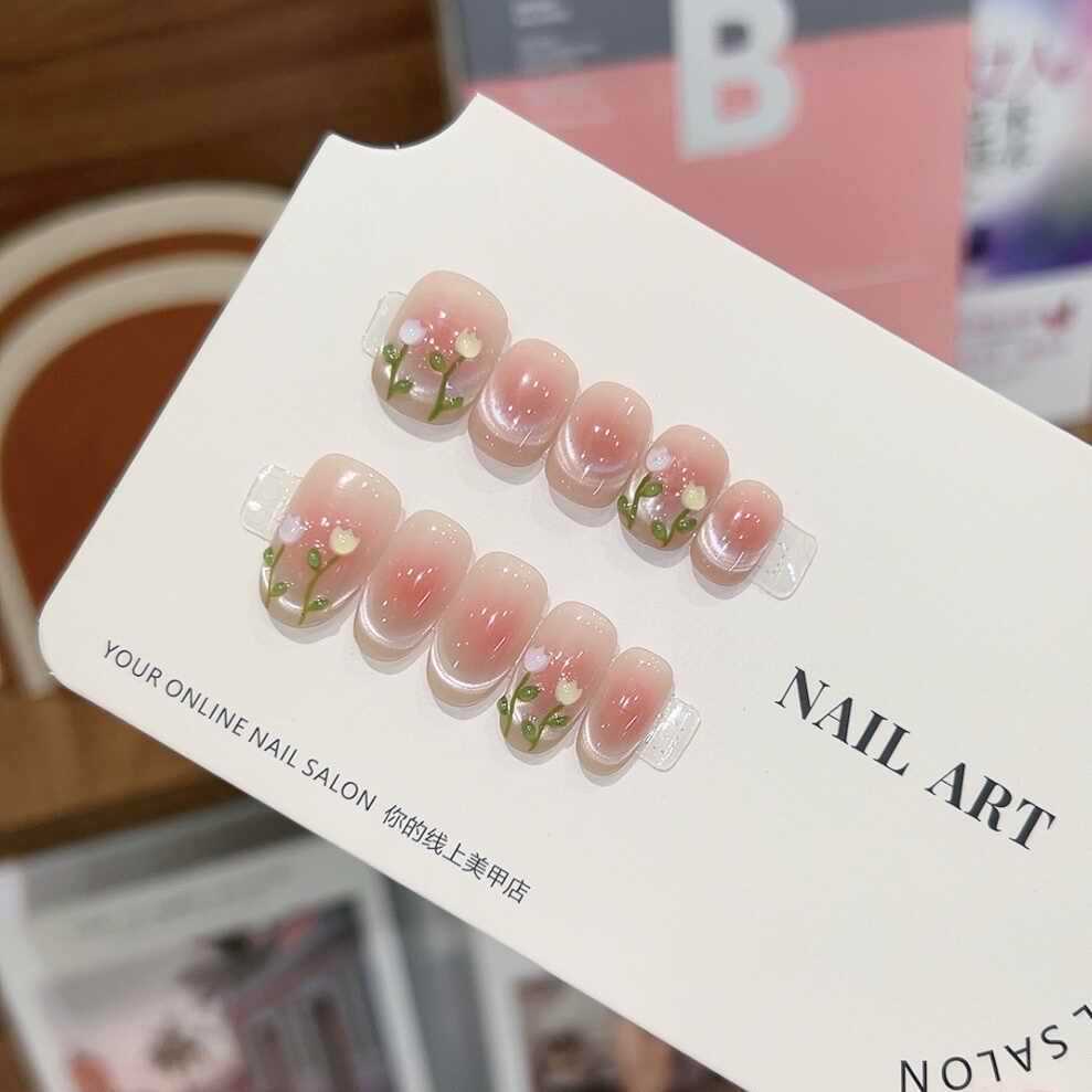 พร้อมส่งไทย เล็บปลอม แยกไซส์ สั้นกุด ทิวลิป โทนชมพู สีลูกแก้วแคทอาย น่ารัก สไตล์เกาหลี 10 ชิ้น/ไซส์ M S XS ฟรีกาว
