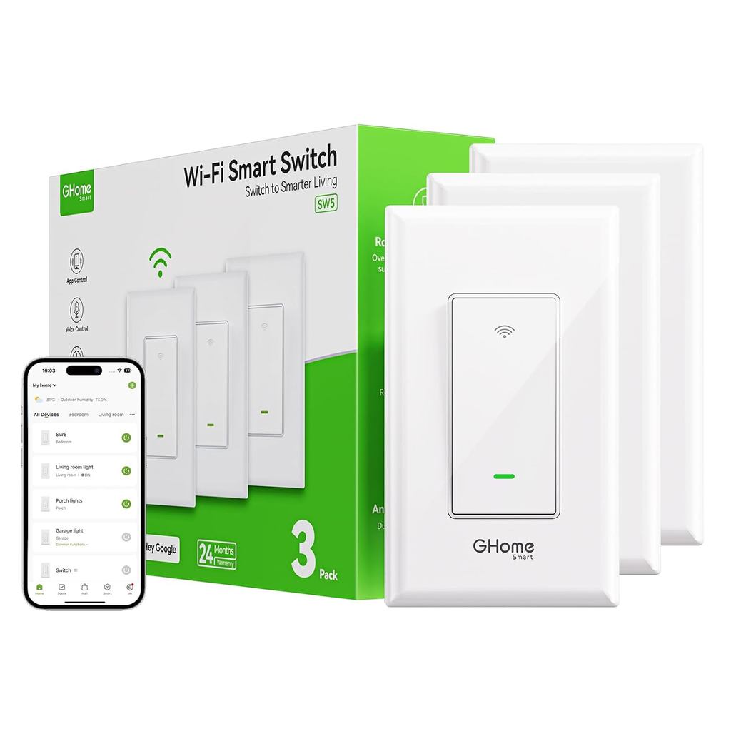 สวิตช์อัจฉริยะ GHome สําหรับไฟ, สวิตช์ไฟอัจฉริยะ WiFi ทํางานร่วมกับ Alexa และ Google Home, Single-Po