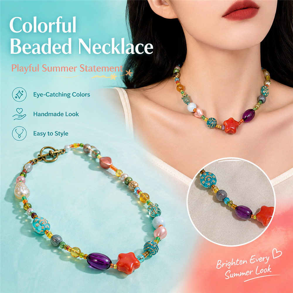 สี Dopamine Glass Stars Love Beaded Necklace Clavicle Chain Girls Retro Fashion บุคลิกภาพสไตล์เกาหลี