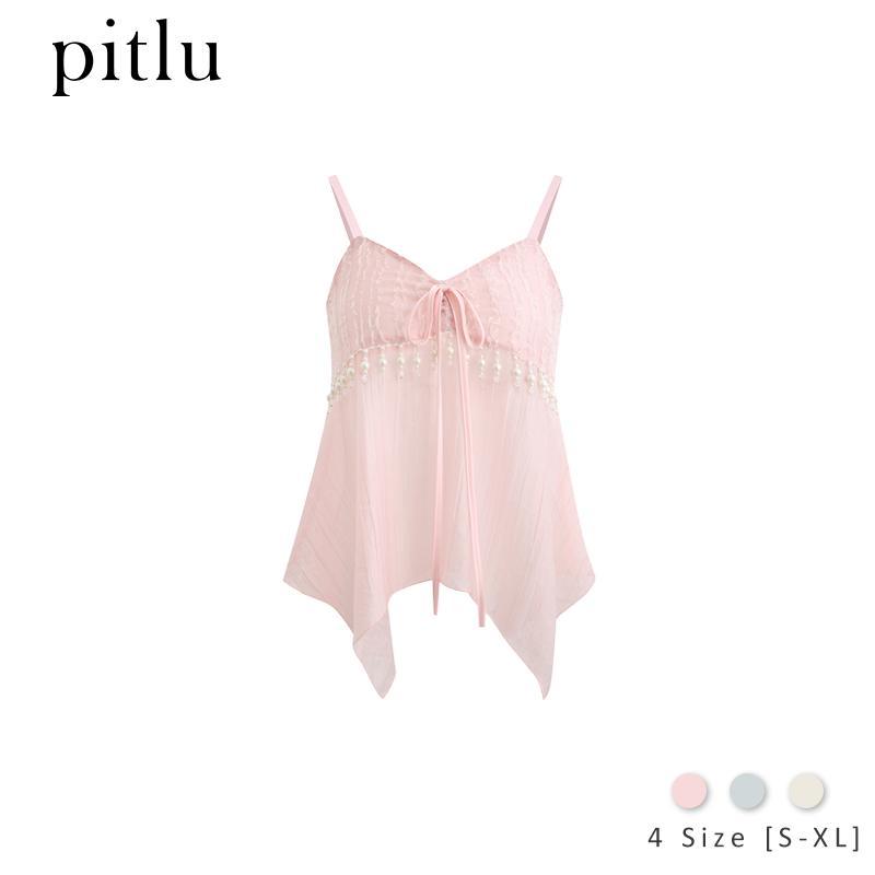 Pitlu เสื้อสายเดี่ยวผู้หญิง สายบาง คอวี ผูกหน้าอกโบว์ ลูกไม้ ประดับไข่มุกพู่กด ทรงเบบี้ดอลล์ ขอบแหลม ผ้าชีฟอง สไตล์ฝรั่งเศส นางฟ้า หวานเซ็กซี่ บัลเล่ต์ ไปทะเล สีครีม สีชมพู สีฟ้า แฟชั่นเกาหลี ใส่เดท ถ่ายรูป ส่งจากไทย