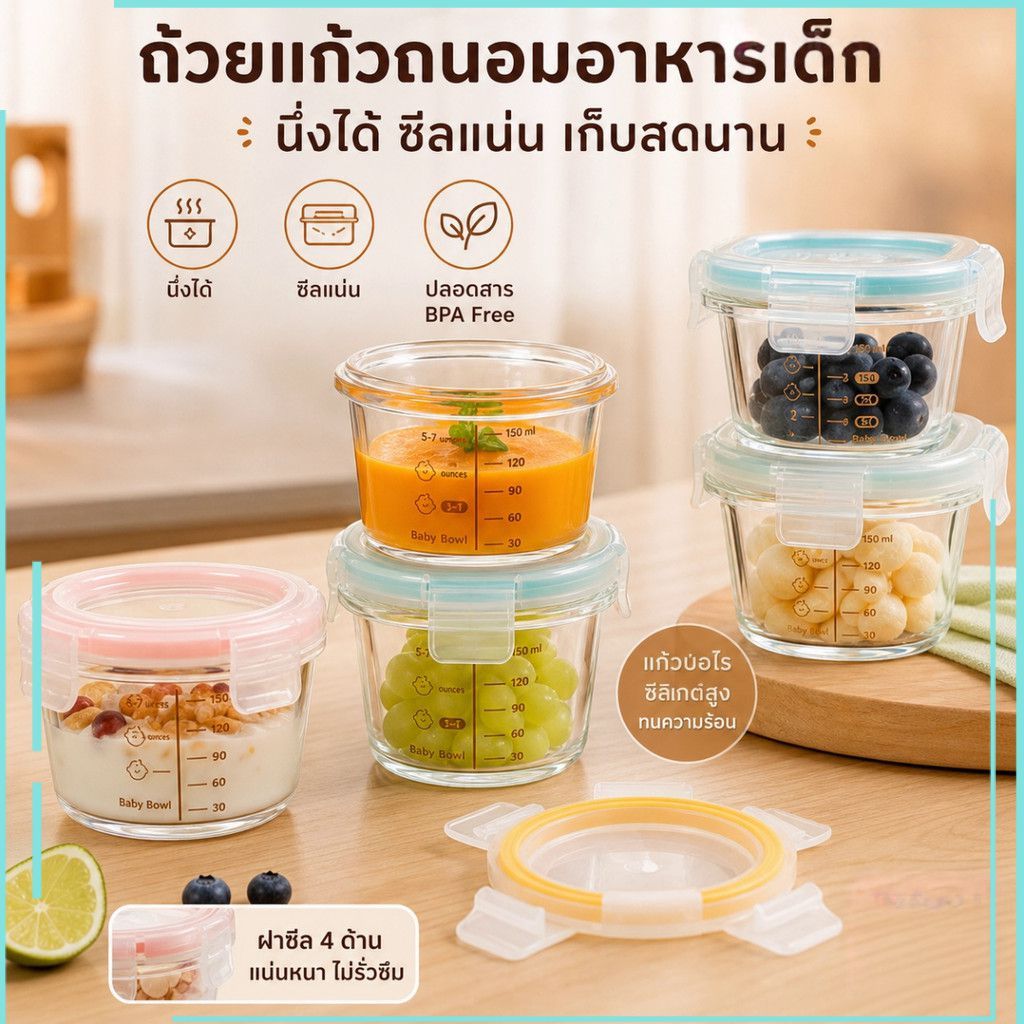 Steaming‐Safe Glass ชามอาหารเด็กพร้อม Scale Mark Sealed Leakproof Fresh-Keeping Container