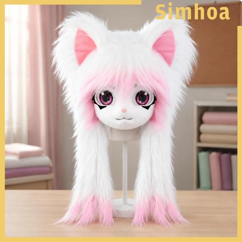 [SIMHOA] Furry Head Mask Soft Furry Creature Hood ตลกสําหรับ Convention, สีดําสีขาว