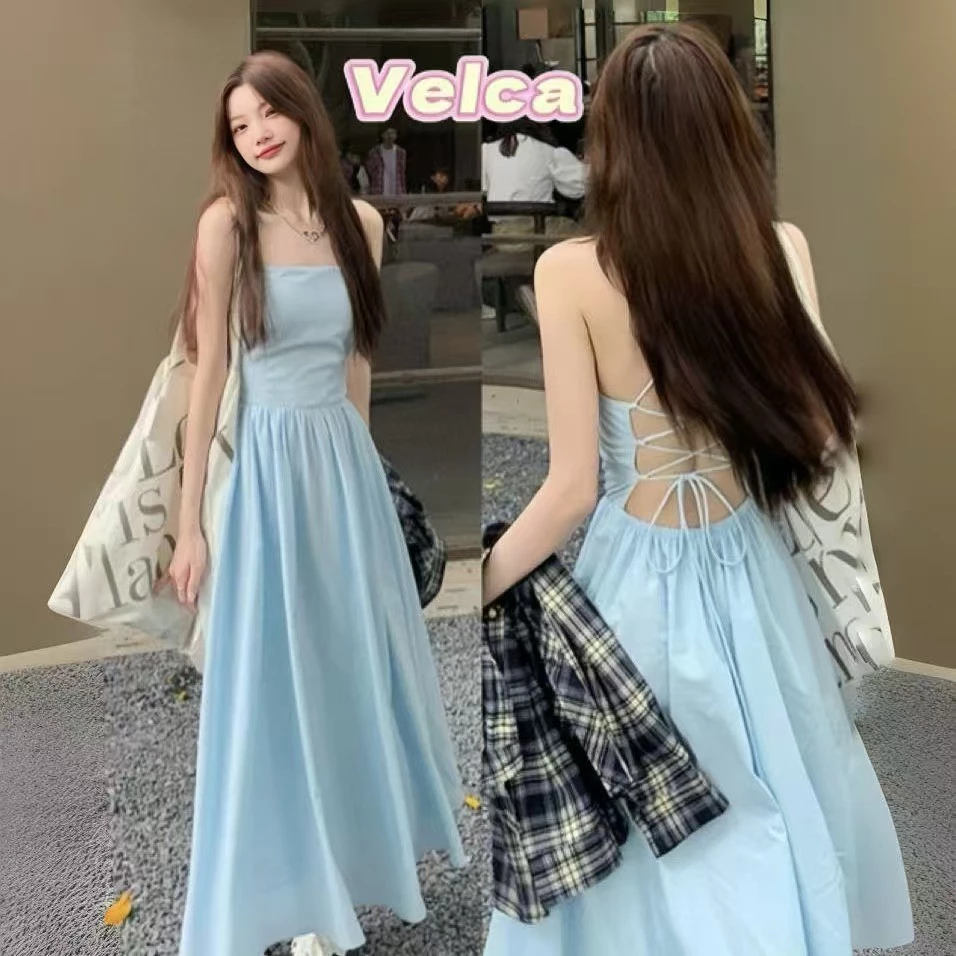 ส่งไวจากไทย สีพื้น สไตล์หรูหรา เดรสออกงานสายเดี่ยว เปิดหลัง ชุดเดรสผู้หญิง ผูกเชือกด้านหน้า ด้านหลัง