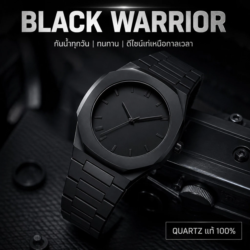 นาฬิกาข้อมือชาย สไตล์ดำมืด (Black Warrior) | ดีไซน์เท่ๆ ล้ำยุค | กันน้ำ ใส่สบาย เหมาะกับวัยรุ่น & กีฬา | Black Quartz Watch Fashion Gift