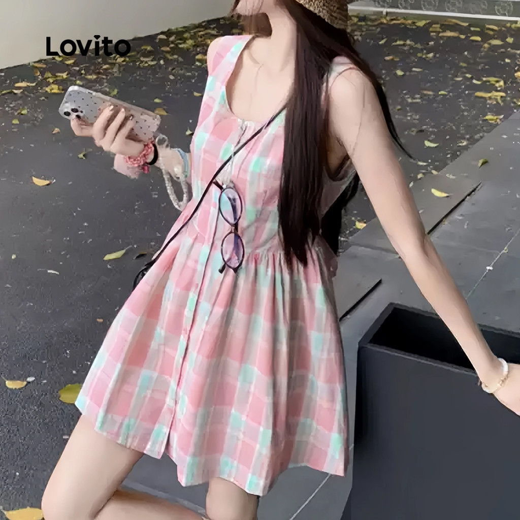 Lovito فستان نسائي كاروهات بأزرار — صورة 3