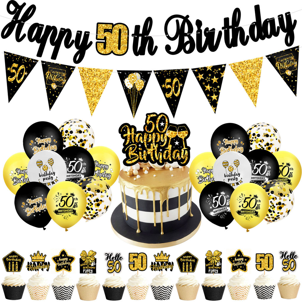 32 ชิ้นสีดําทอง 50th Birthday Balloon Set,Banner,เค้ก Toppers, อุปกรณ์เสริมสําหรับ 18 30 40 50 60, B