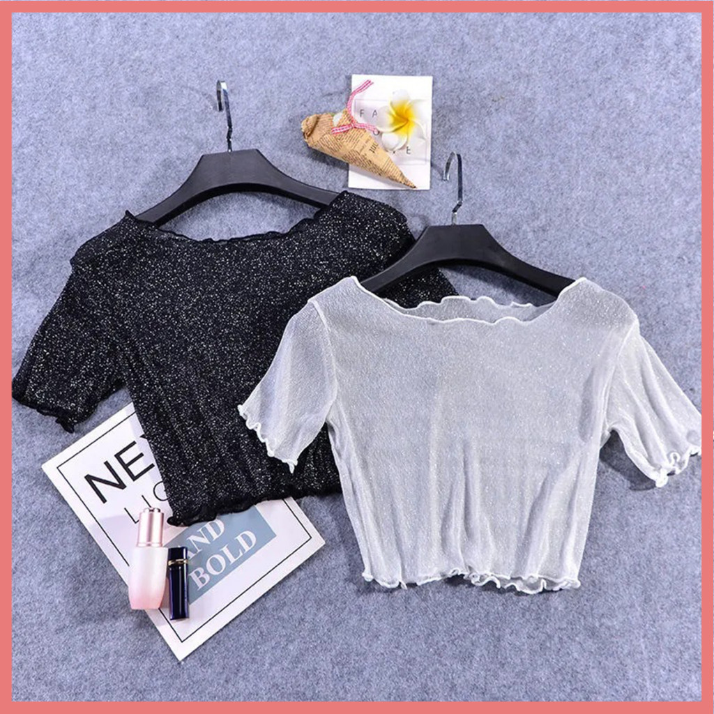 [LPA] O-คอสั้นแขนสั้น Sheer Trim Crop Top ผู้หญิงดูผ่าน Glitter ตาข่าย Tee เสื้อ Streetwear
