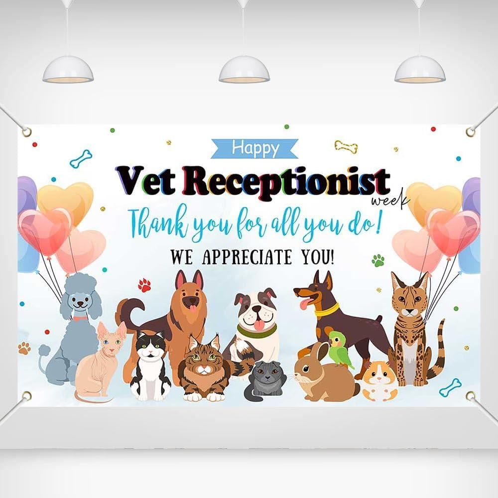 Vetพนักงานต้อนรับ Week Banner - 70.8x43.3in Veterinary Appreciation Decor, สัตว์น่ารักและบอลลูน, Tha