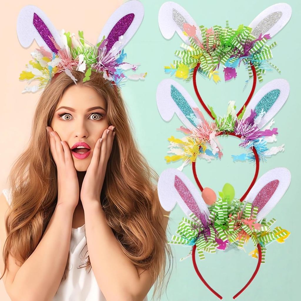 YVAINE 4 Pack Easter Bunny Ear Headbands กระต่ายไข่สีริบบิ้น,Glitter สีสันอีสเตอร์ฤดูใบไม้ผลิอุปกรณ์