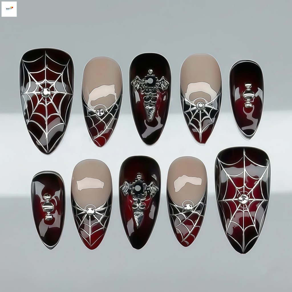 Dark Wine Red Short Almond Halloween Spider Web Nails - เล็บโลหะโกธิคสําหรับผู้หญิง