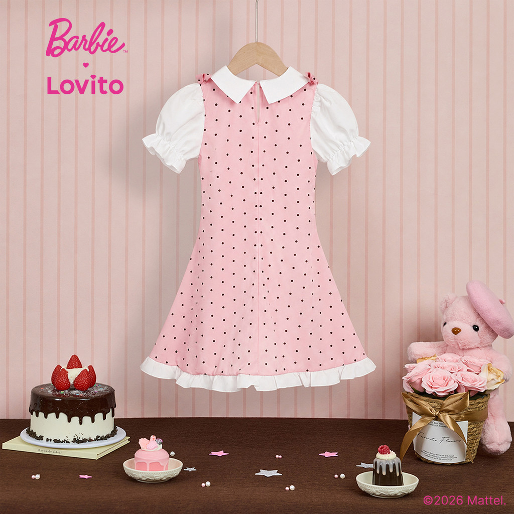 Barbie × Lovito Kids فستان بنات وردي منقط مطرز — صورة 3